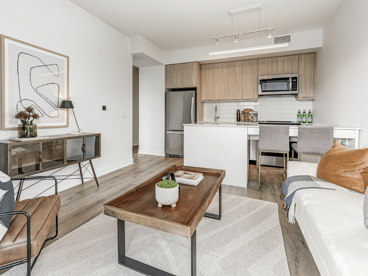 Staged living rom and kitchen at 610 Martin Grove.